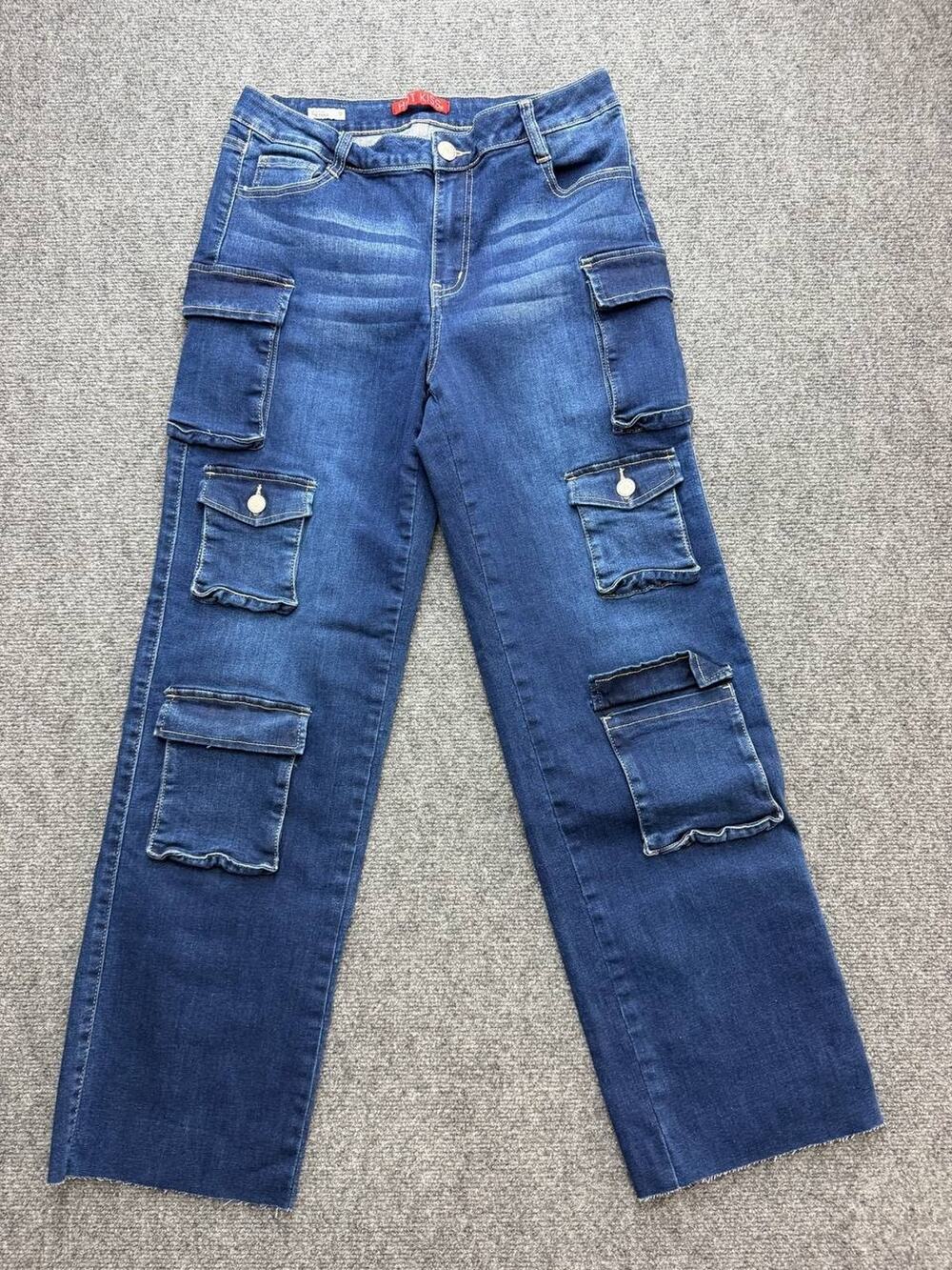 Vintage Y2K Hot Kiss The Cargo Wide Leg Jeans Size 9 Dark Wash Multi Pocket
